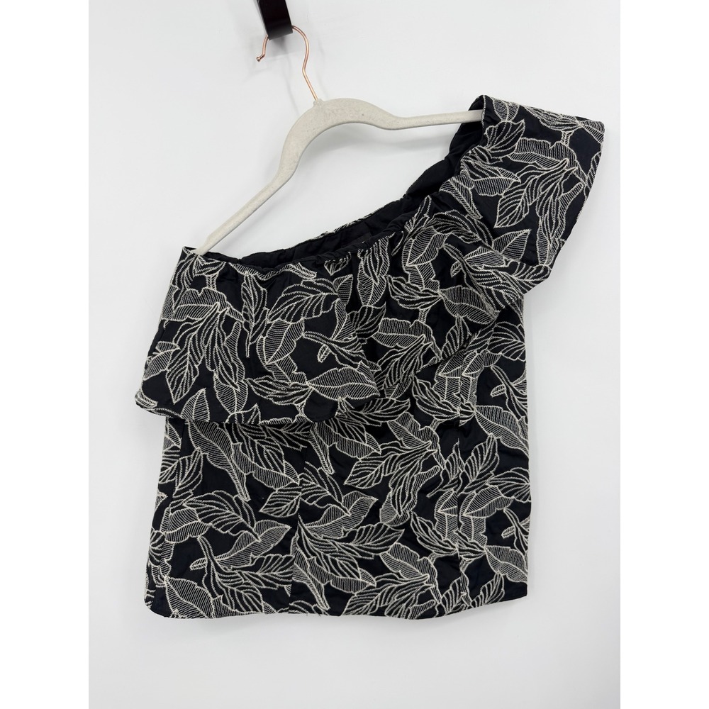 INC International Concepts Embroidered One Shoulder Top‎ sz XS Black White Leaf
